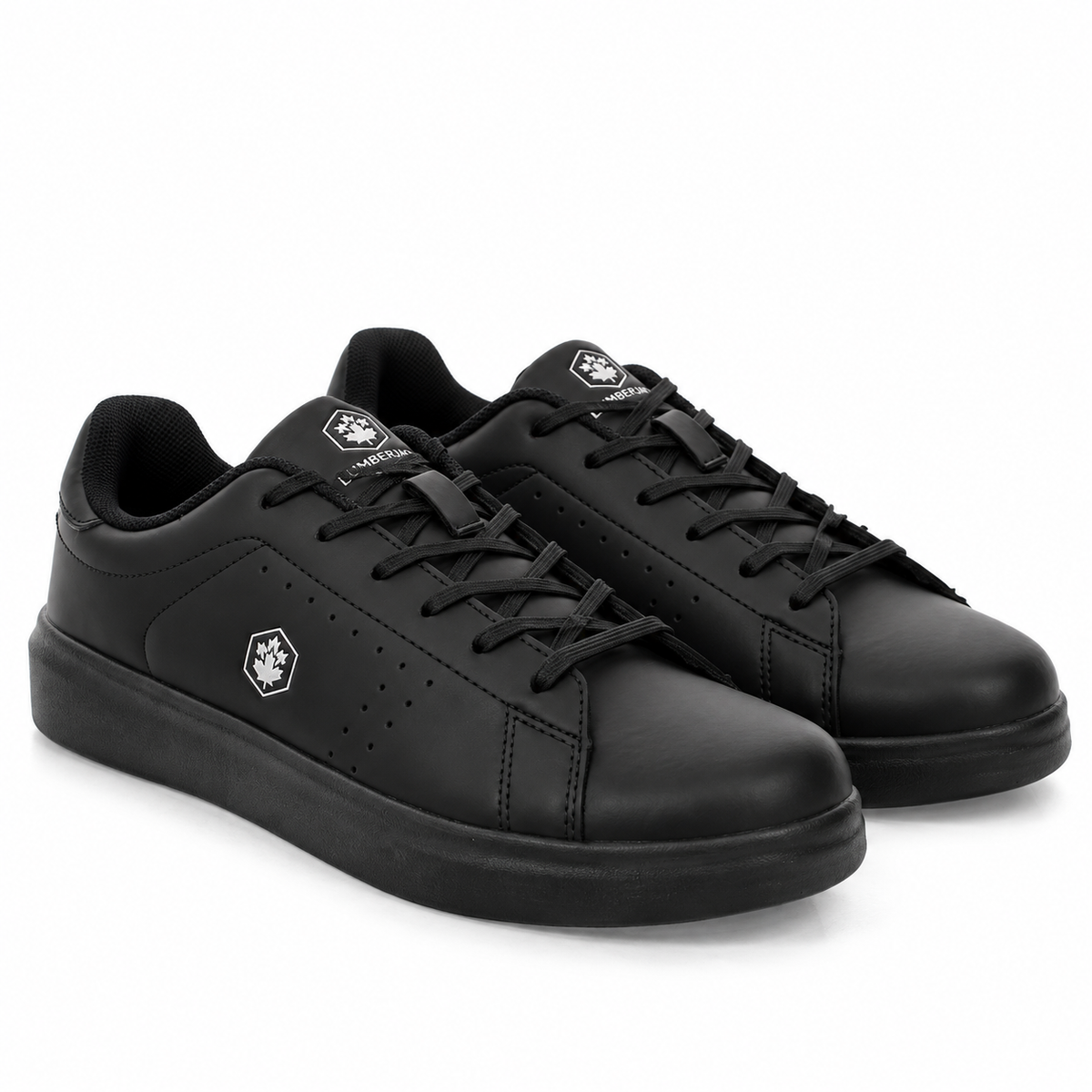 A pair of black low-top sneakers with matching black laces and soles, featuring a small white geometric logo on the side and tongue, set against a plain white background.