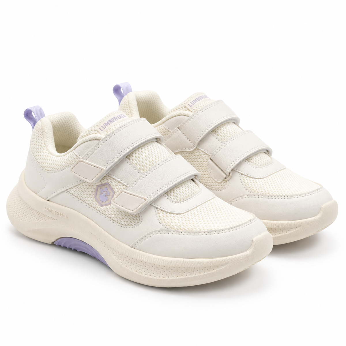 A pair of women's white sneakers with purple accents, featuring two hook-and-loop straps and a thick cushioned sole, shown on a white background.