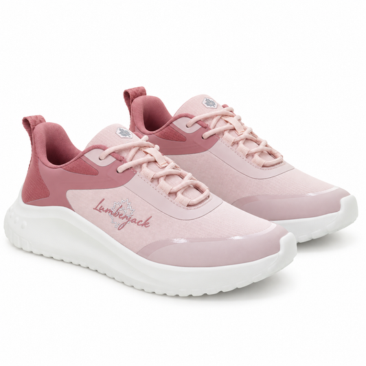 A pair of women's platform sneakers in shades of light pink and dusty rose, featuring a thick white sole and the brand name 'Lumbyjack' printed on the side.