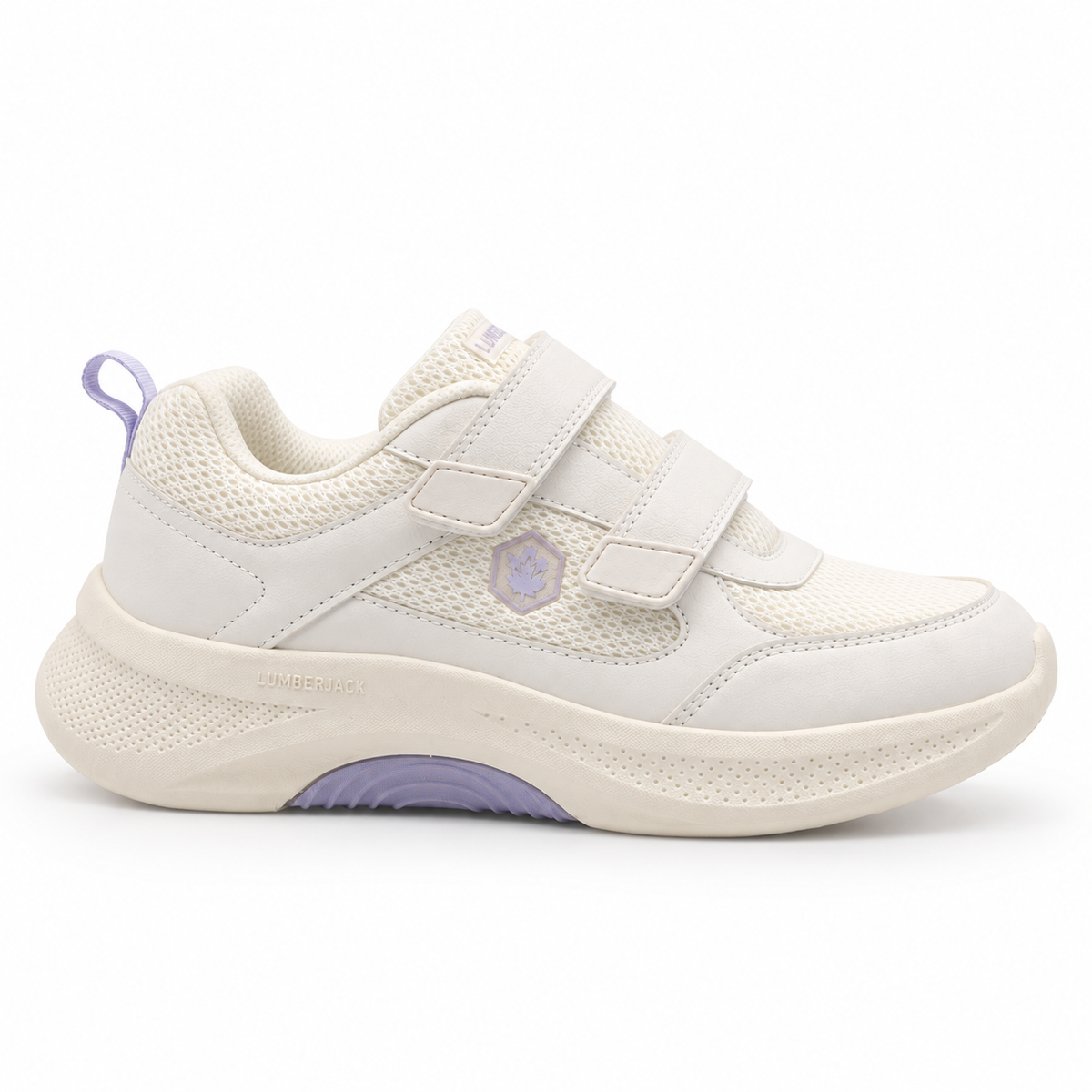 A women's white and cream mesh sneaker with two hook-and-loop straps, a small purple paw print logo on the side, and a purple pull tab on the heel, shown against a plain white background.