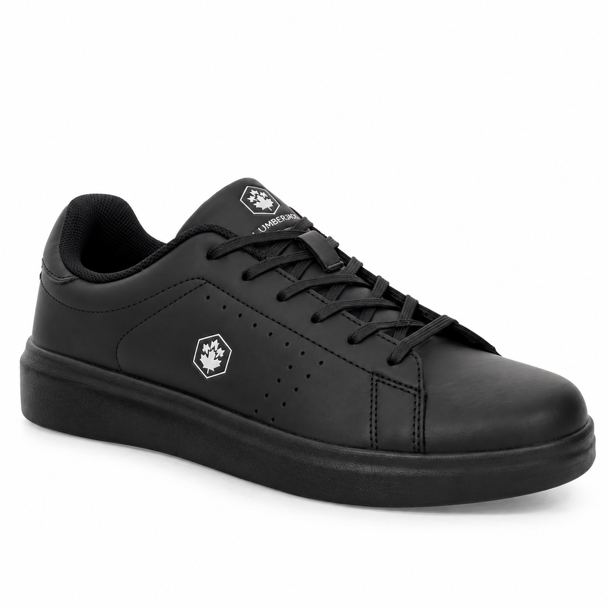 A black low-top sneaker with a black leather upper, black laces, and a thick black sole. It features a small white geometric logo with a maple leaf on the side and tongue, and the brand name 'UMISCO' printed on the tongue label.