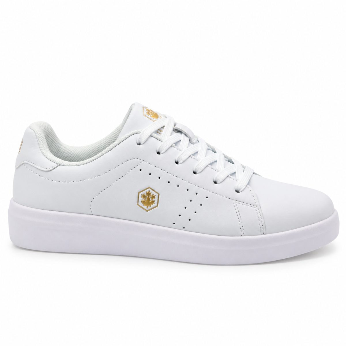 A white leather low-top sneaker with white laces, a thick white sole, and gold accents, including a small gold shield logo on the side and a gold heel tab.