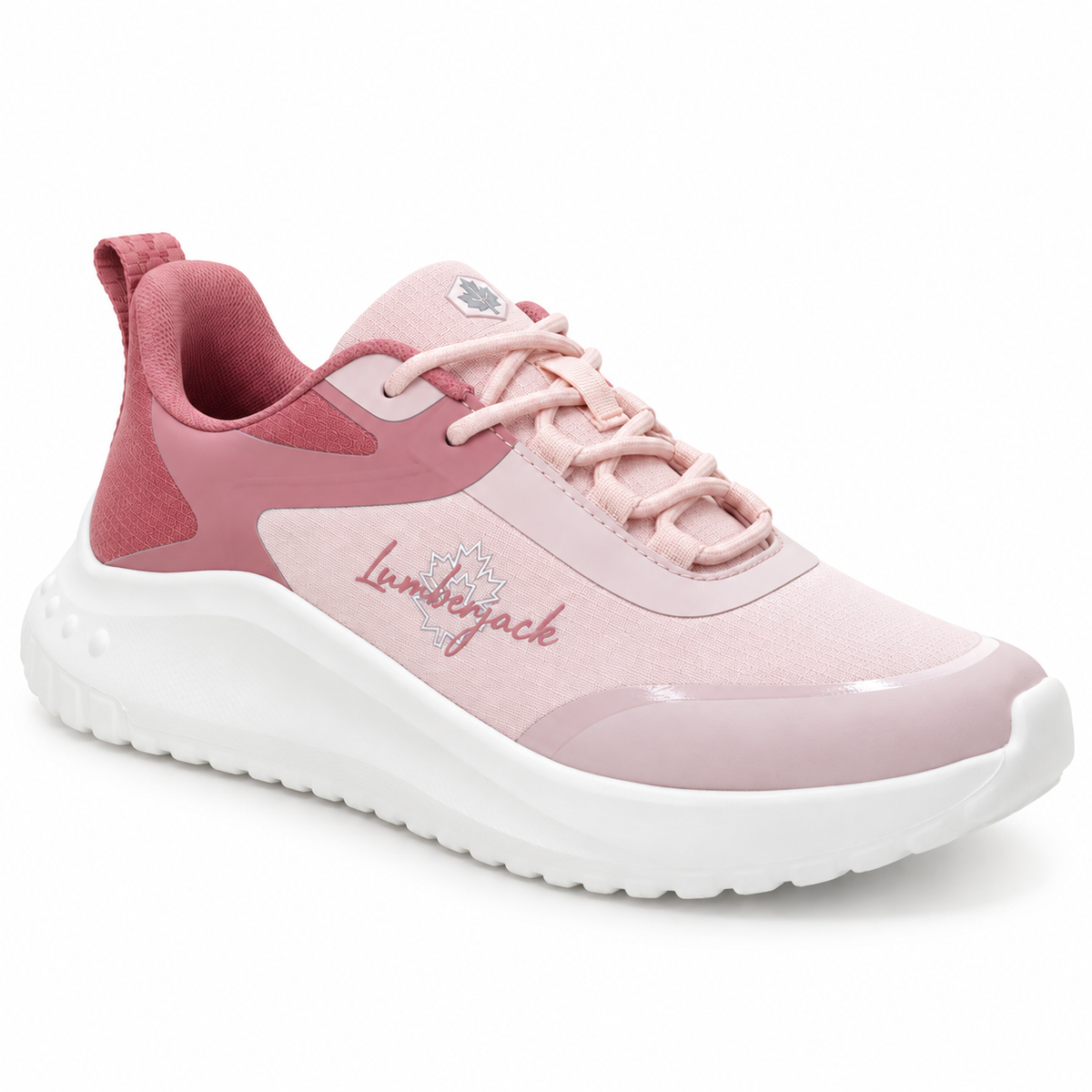 A pink and white Lumberjack brand athletic sneaker shown from a three-quarters angle on a white background.