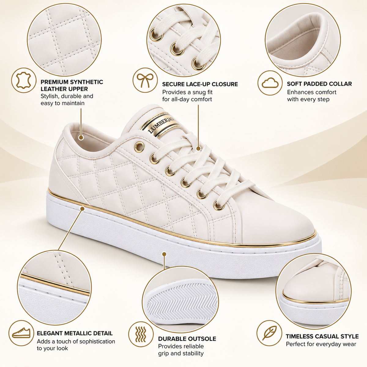 Lumberjack Safiya White & Gold Quilted Women's Sneakers