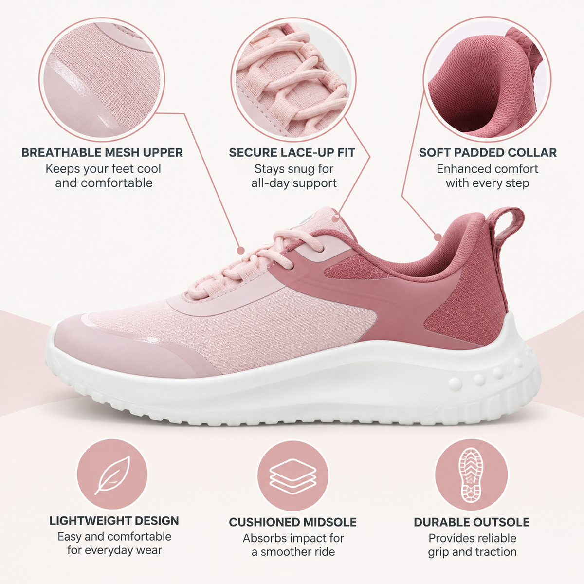 A pink athletic sneaker shown on a pale pink background with callout circles and text describing features: breathable mesh upper, secure lace-up fit, soft padded collar, lightweight design, cushioned midsole, and durable outsole.
