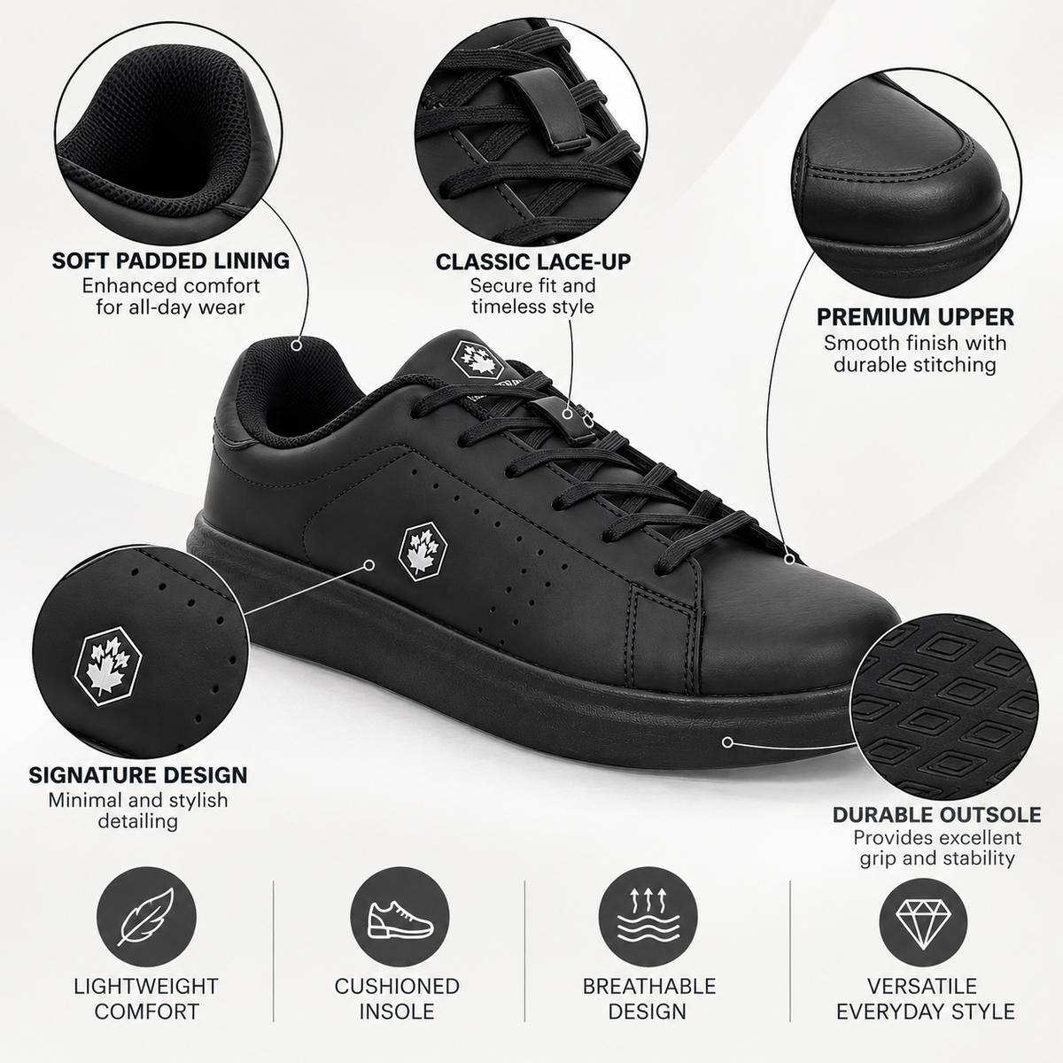 Black low-top sneaker shown on a light gray background with feature callout circles and text describing comfort, lace-up closure, upper finish, outsole durability, and other design details.
