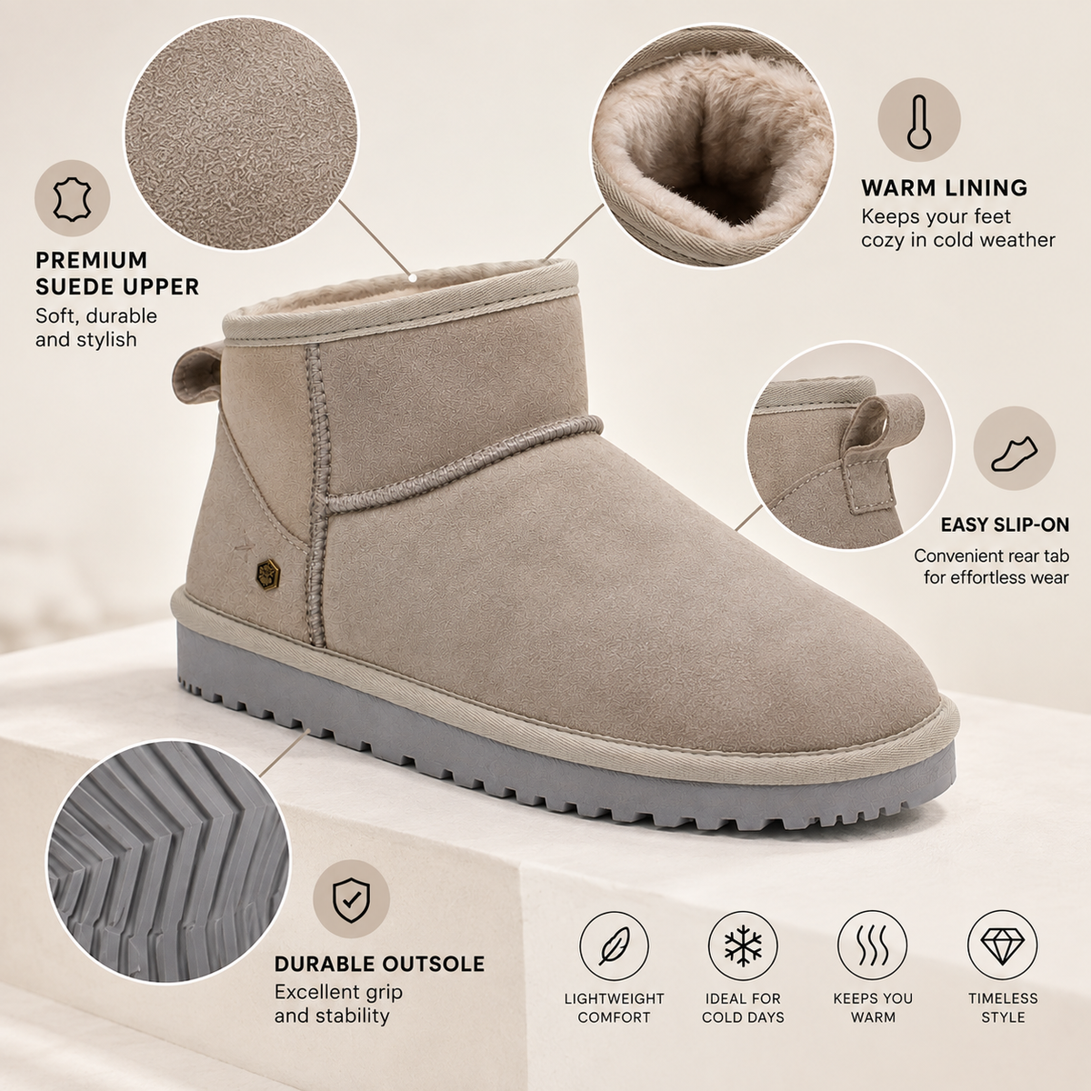 A light taupe suede ankle boot with a gray sole, shown on a clean beige background with feature callouts and circular detail insets for the suede upper, warm lining, slip-on back, and outsole grip.