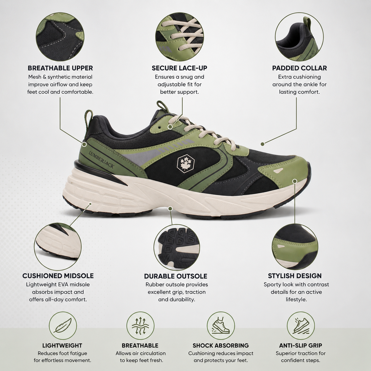 Lumberjack Money Men’s Casual Sneakers – Black & Green