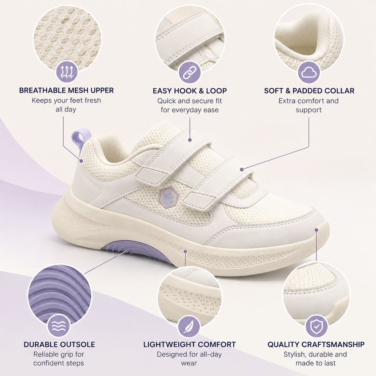 A women's white and lavender sneaker shown on a clean light background with multiple callout circles highlighting features such as the breathable mesh upper, hook-and-loop closure, padded collar, outsole grip, lightweight comfort, and craftsmanship.