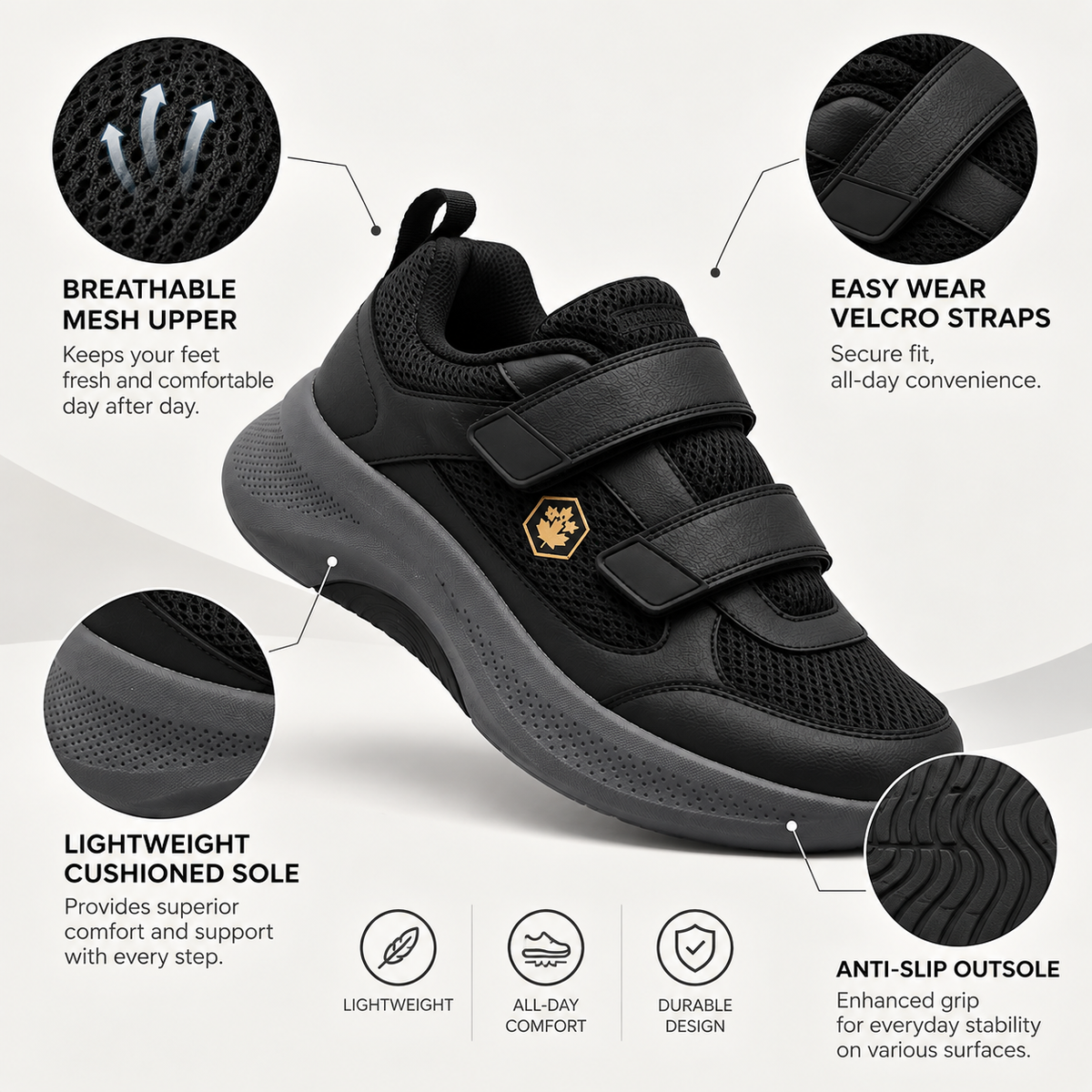 Black children's athletic sneaker with hook-and-loop straps, mesh upper, and cushioned sole, shown with callout circles highlighting features like breathable mesh, easy wear velcro straps, lightweight cushioned sole, and anti-slip outsole on a light gray background.