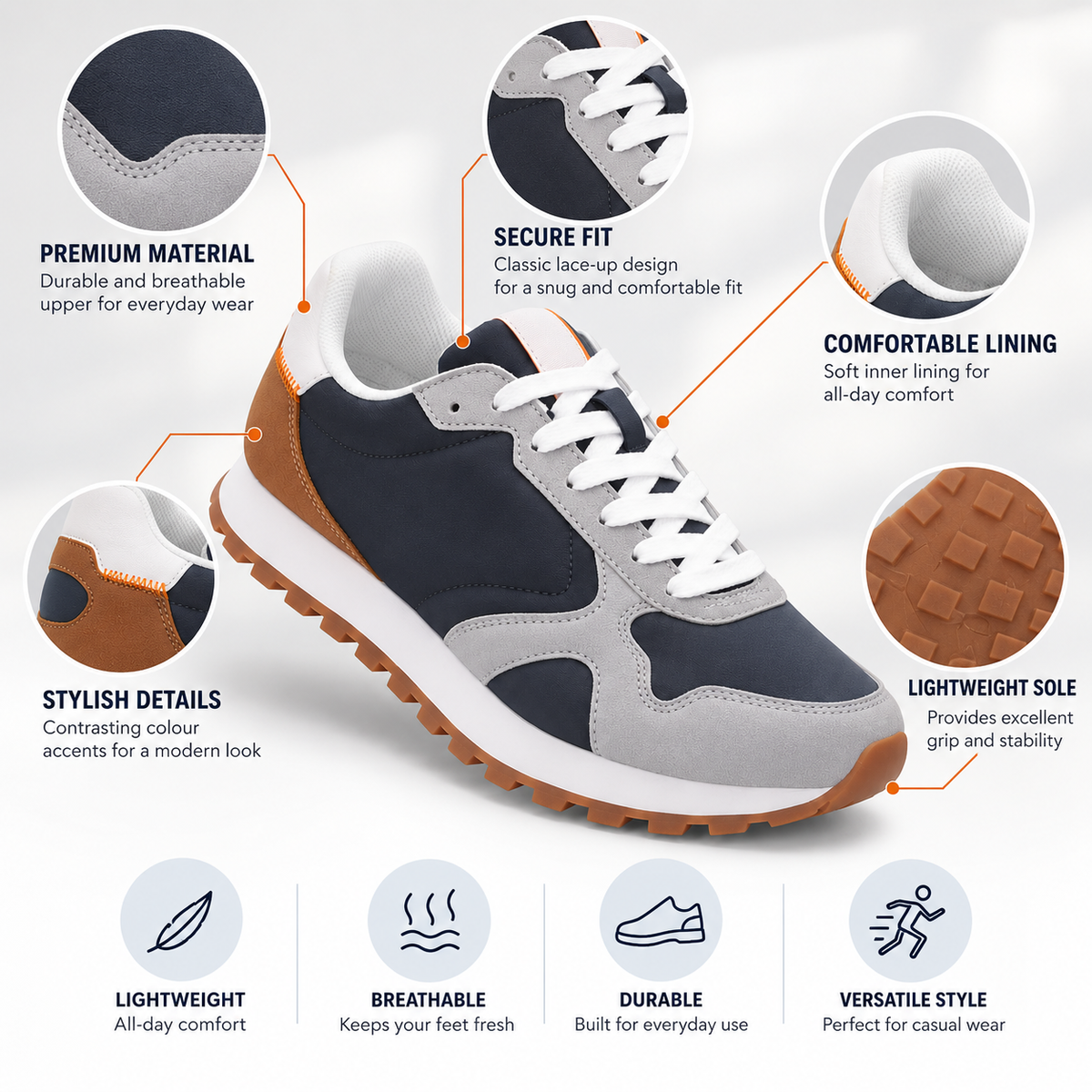 Lumberjack FRAG Men’s Casual Sneakers – Navy Blue & Grey | Lace-Up Everyday Shoes