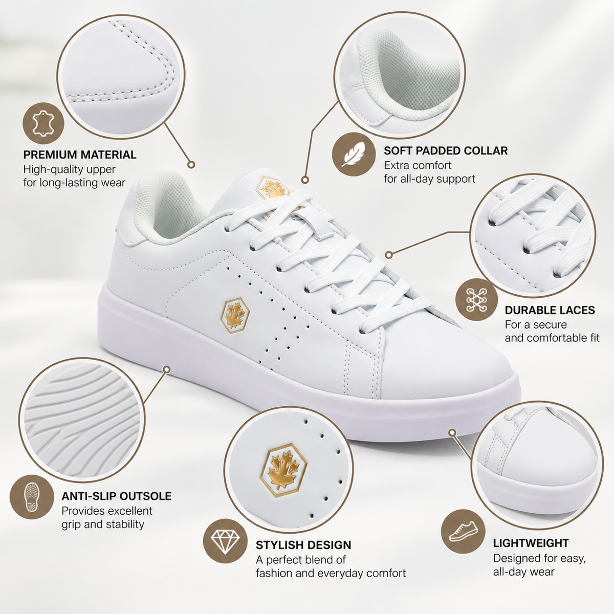 White low-top sneaker with gold logo accents, surrounded by circular callout details with text describing features like premium material, soft padded collar, durable laces, anti-slip outsole, stylish design, and lightweight construction.