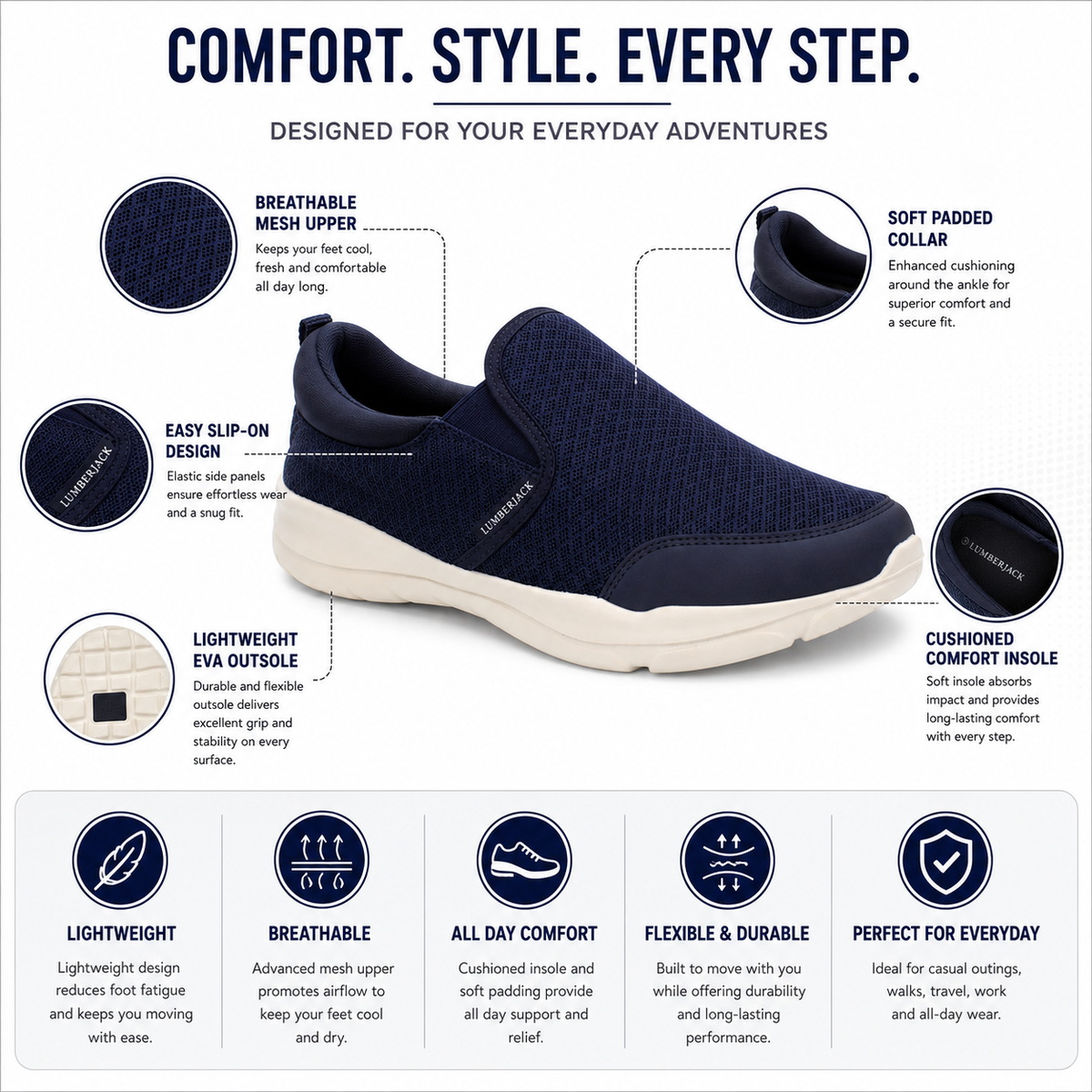 Lumberjack AGATHA Men's Casual Slip-On Shoes Navy Blue & Off-White