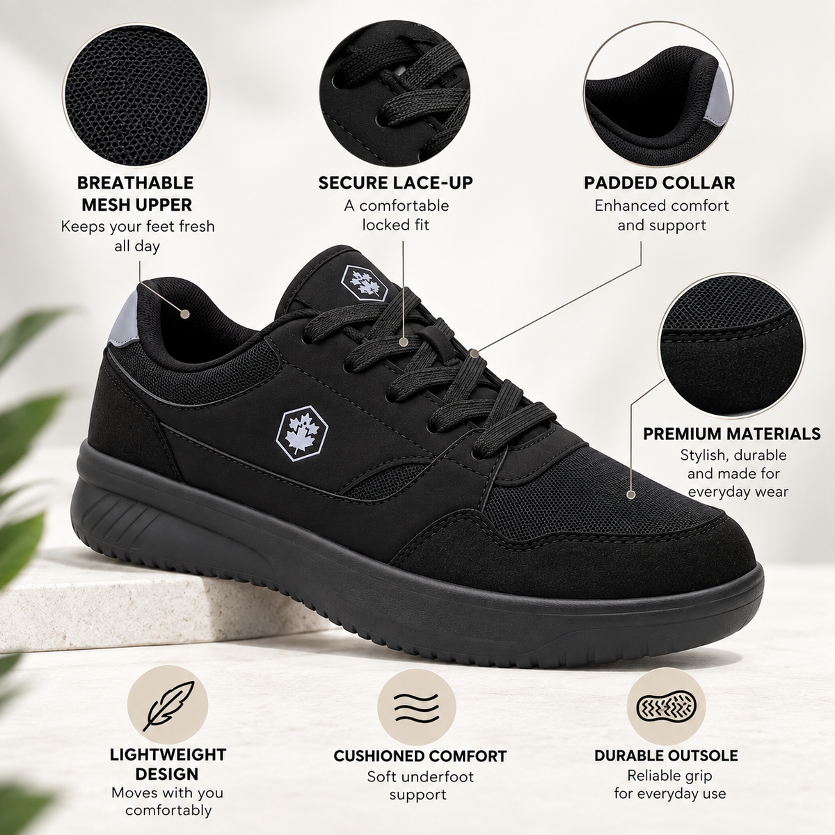 Black athletic wedge sneaker shown on a light surface with feature callout circles and text highlighting breathable mesh upper, secure lace-up closure, padded collar, premium materials, lightweight design, cushioned comfort, and durable outsole.