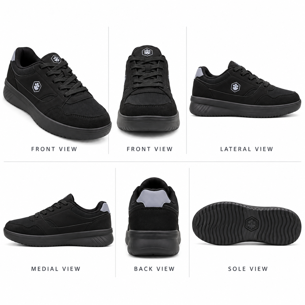 Six views of a black low-top sneaker on a white background, showing front, lateral, medial, back, and sole views with labels.