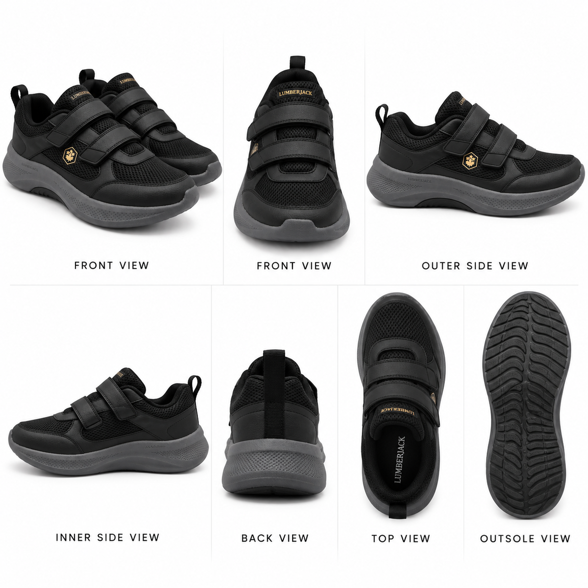 A six-panel product collage showing a pair of black children's or toddler sneakers from multiple angles: front view, outer side view, inner side view, back view, top view, and outsole view. The shoes have black mesh uppers with three black hook-and-loop straps, a black pull tab, a dark gray sole, and small gold branding on the side and tongue.