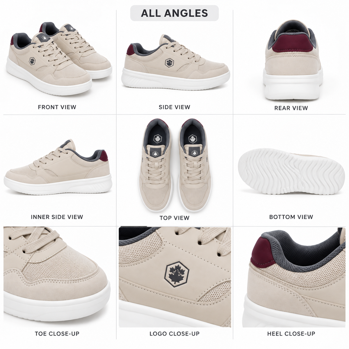 A 9-panel product collage showing multiple views of a low-top sneaker from all angles, including front, side, rear, inner side, top, bottom, toe close-up, logo close-up, and heel close-up. The sneaker has a light beige suede and mesh upper with a white sole, dark navy lining, and a burgundy heel accent.