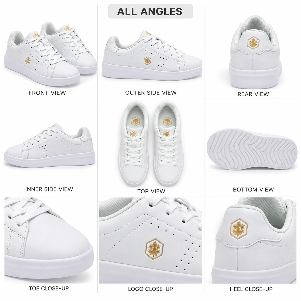 A 9-panel product collage showing a pair of white low-top sneakers from all angles, including front, outer side, rear, inner side, top, bottom, toe close-up, logo close-up, and heel close-up. The shoes are white with small gold logos and a gold logo on the tongue.