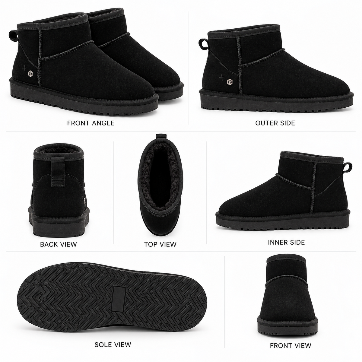 A collage showing multiple views of a black ankle-height suede winter boot on a white background, with labels for front angle, outer side, back view, top view, inner side, sole view, and front view.