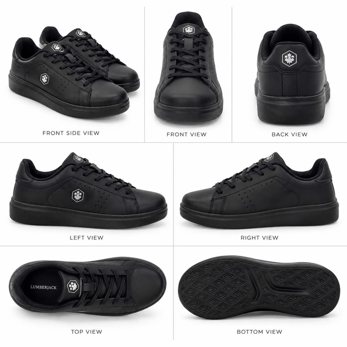A six-view product collage of a black low-top sneaker on a white background, showing front side, front, back, left, right, top, and bottom views with labels.