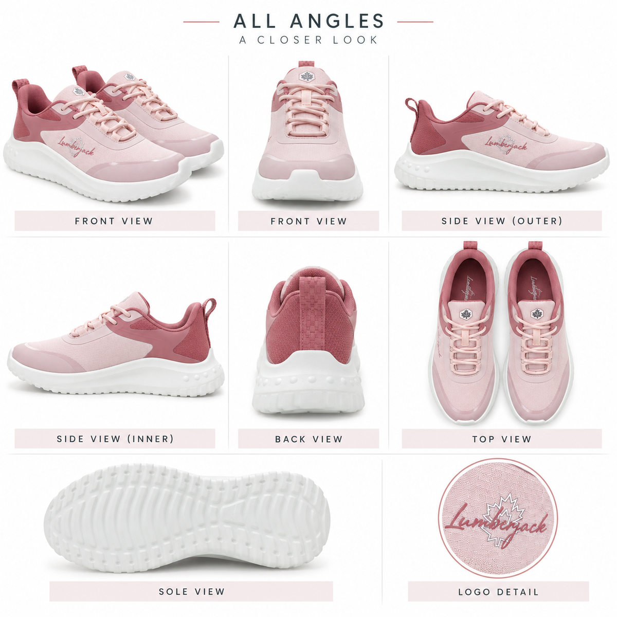 A multi-view product collage of pink and dusty rose athletic sneakers showing all angles: front, side, back, top, sole, and logo detail. The shoes have a light pink mesh upper with darker pink overlays, matching pink laces, and thick white soles.