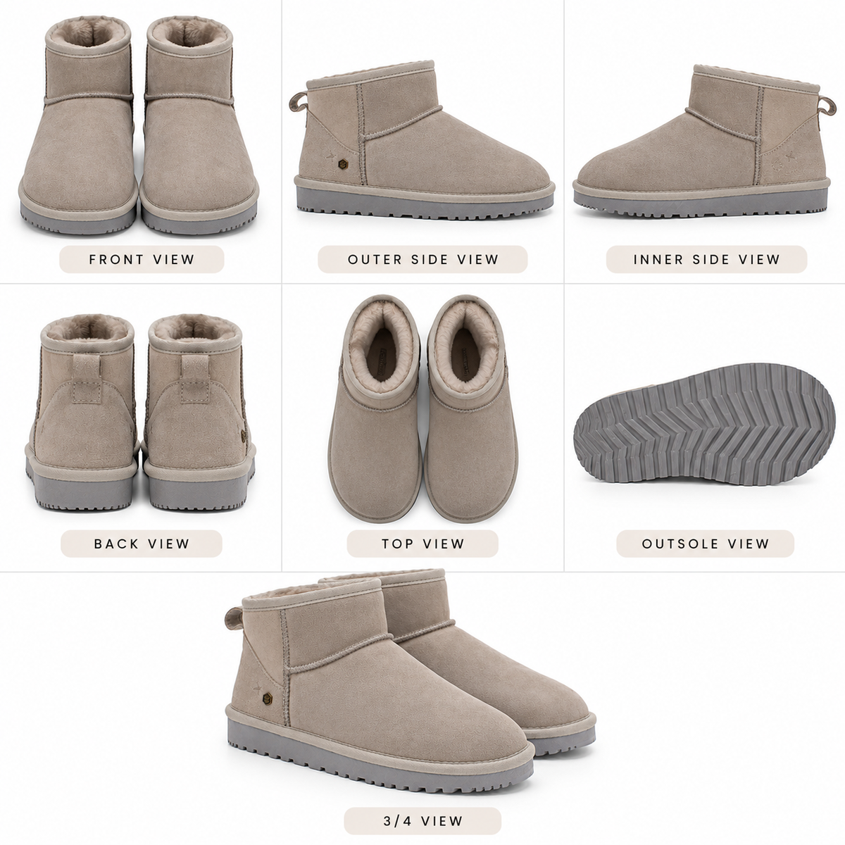 A product collage showing multiple views of a pair of ankle-height suede boots in a taupe color, including front, outer side, inner side, back, top, outsole, and 3/4 views on a white background.