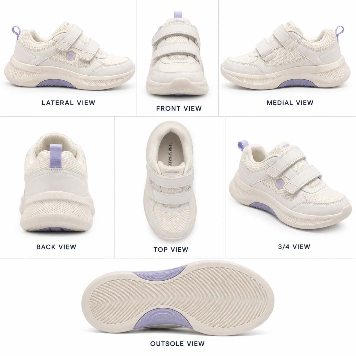 A collage showing multiple views of a children's sneaker: lateral, front, medial, back, top, 3/4, outsole, and bottom views. The shoe is predominantly off-white/cream with small light purple accents on the heel tab, side detail, and outsole.