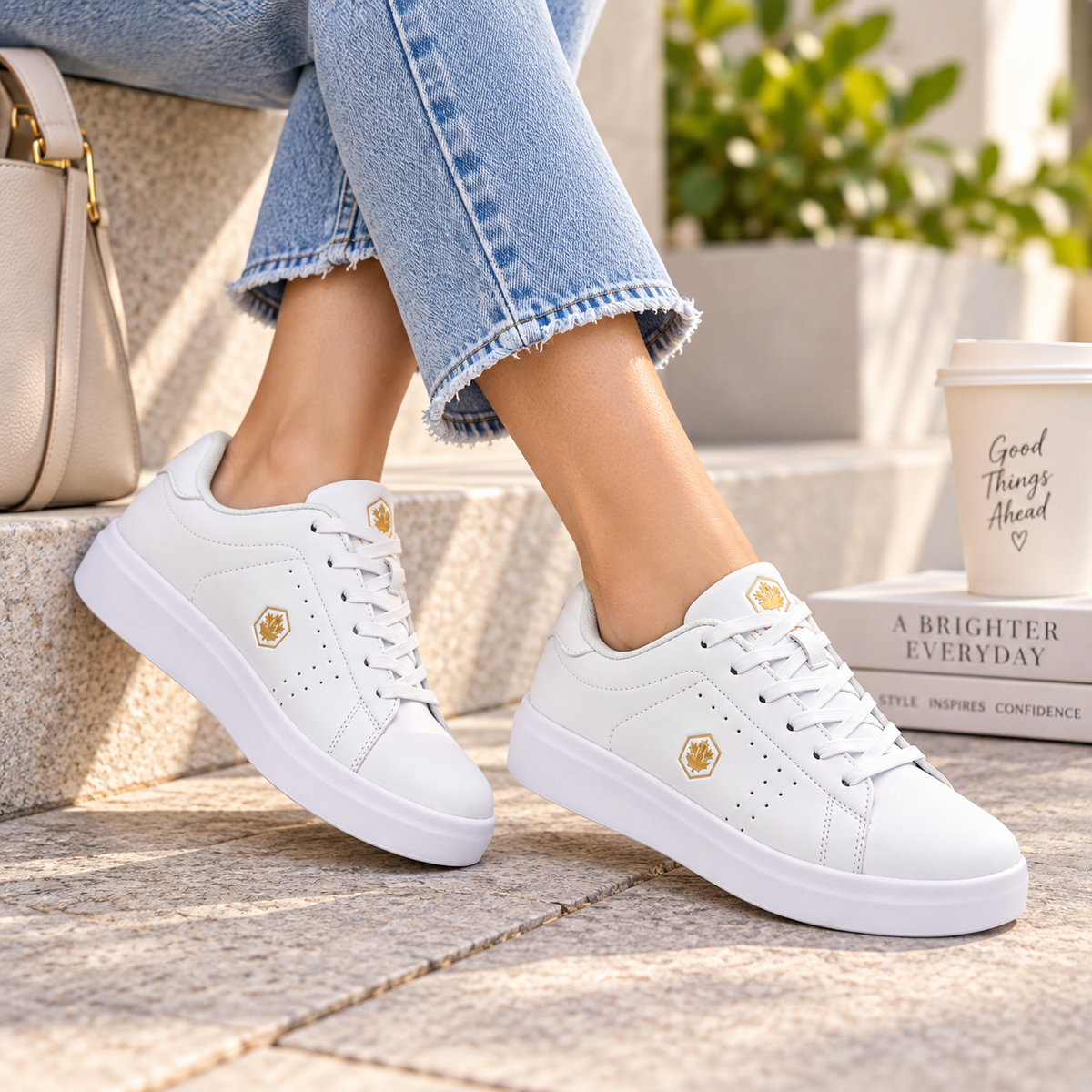 White low-top sneakers with gold hexagonal logo details, shown on a model wearing light blue jeans in an outdoor setting.