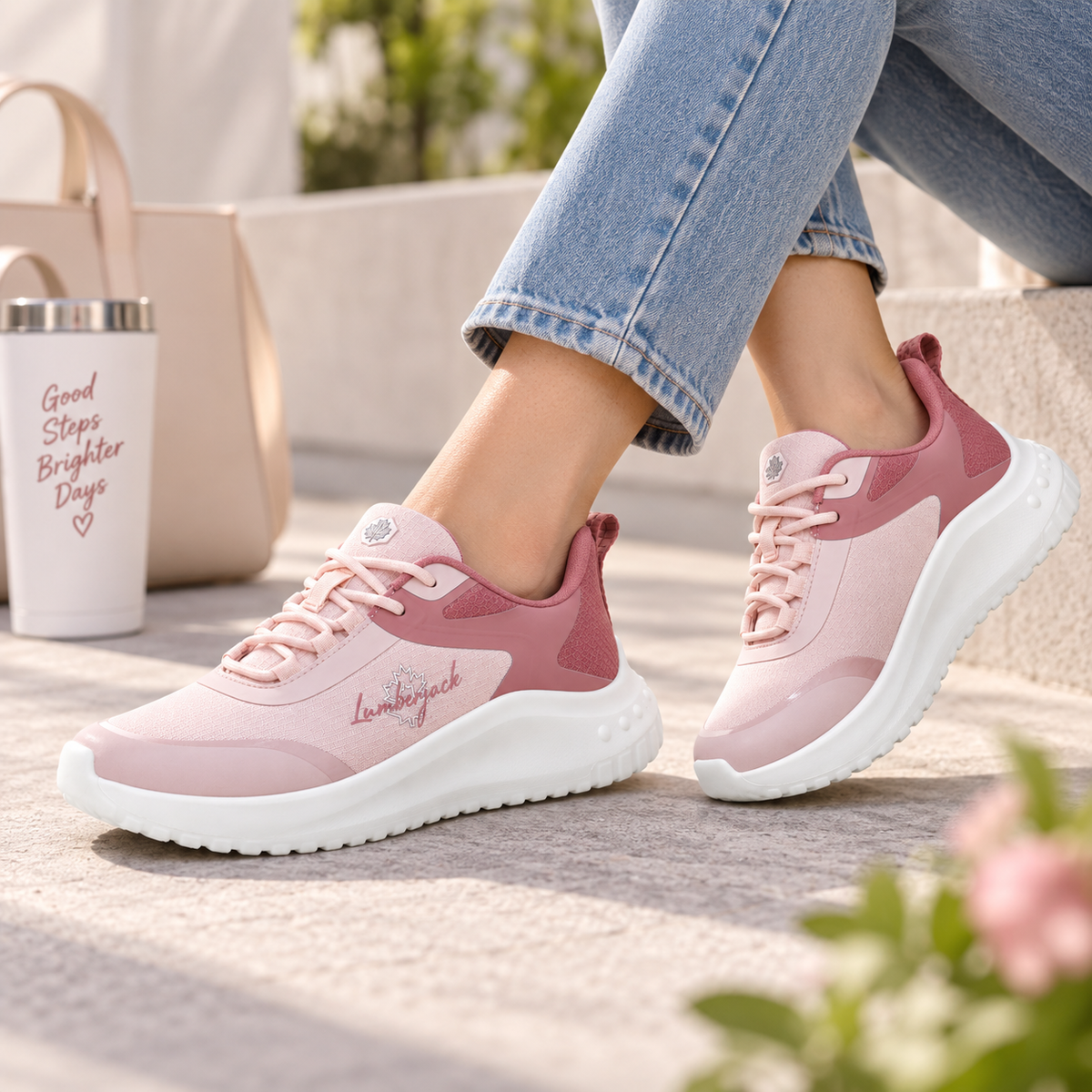 A person wearing pink and white platform sneakers with light blue jeans, sitting outdoors on stone steps next to a beige tote bag and a white tumbler cup.