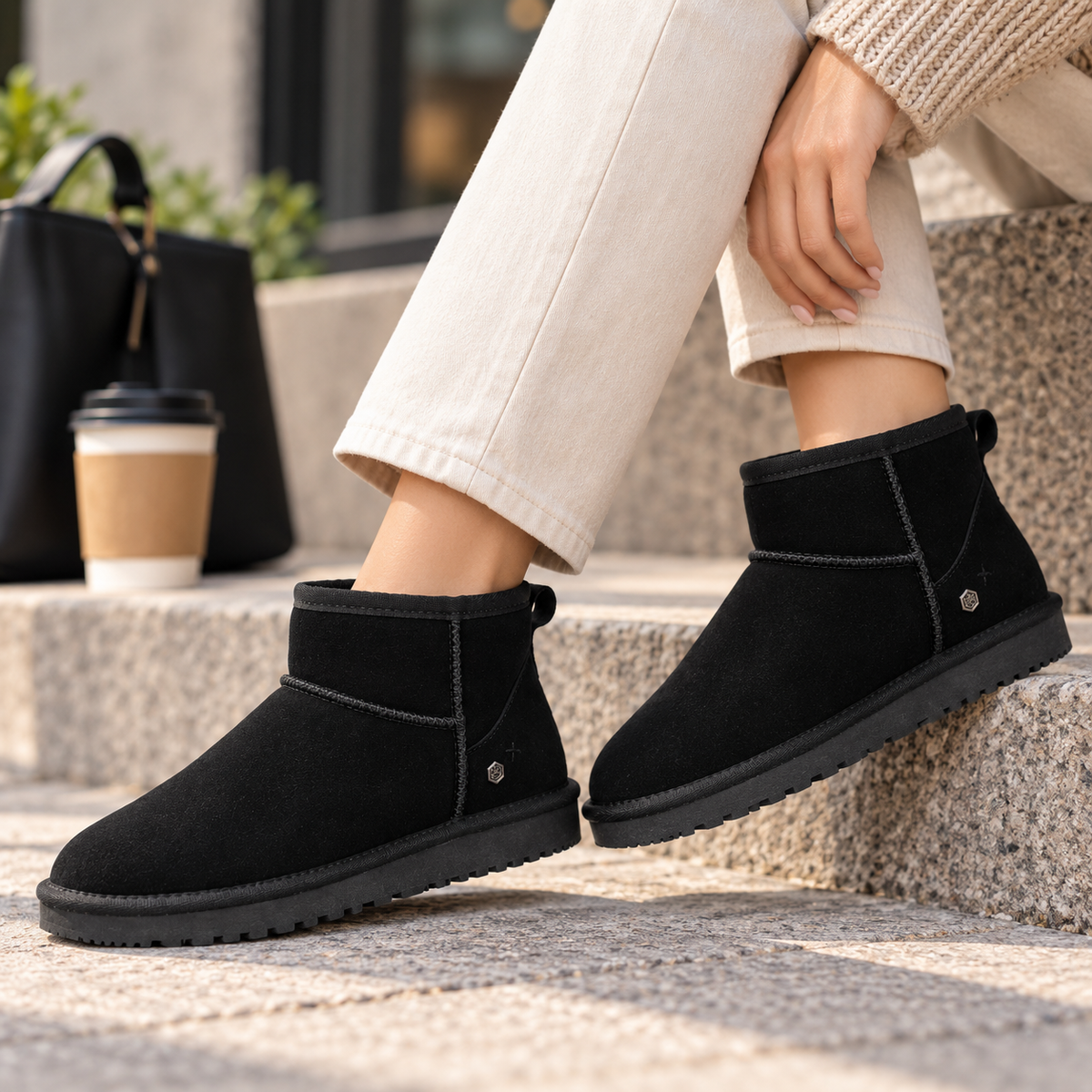 A person sitting on stone steps wearing black ankle-height suede boots with low black soles and a small silver logo detail. The scene includes cream pants, a black handbag, and a takeaway coffee cup in an outdoor urban setting.