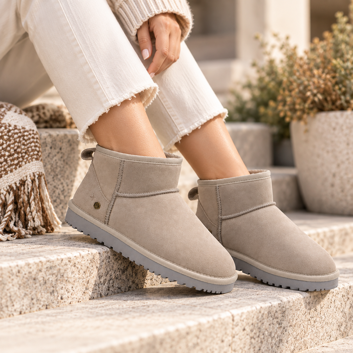 A person sitting on stone steps wearing light taupe suede ankle boots with white frayed-hem jeans in an outdoor patio setting.
